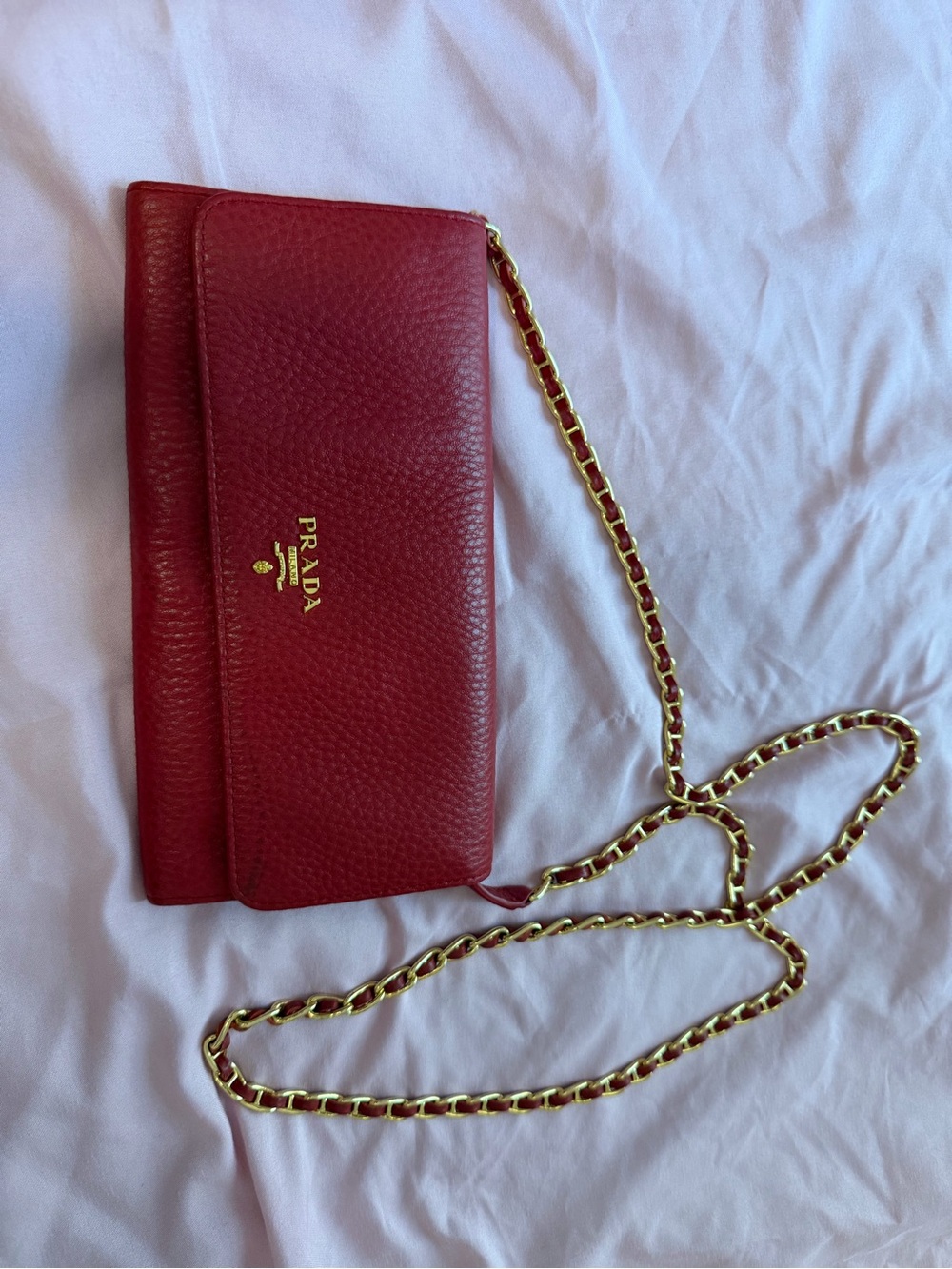 Prada Red Pebbled Leather Chain Shoulder Wallet